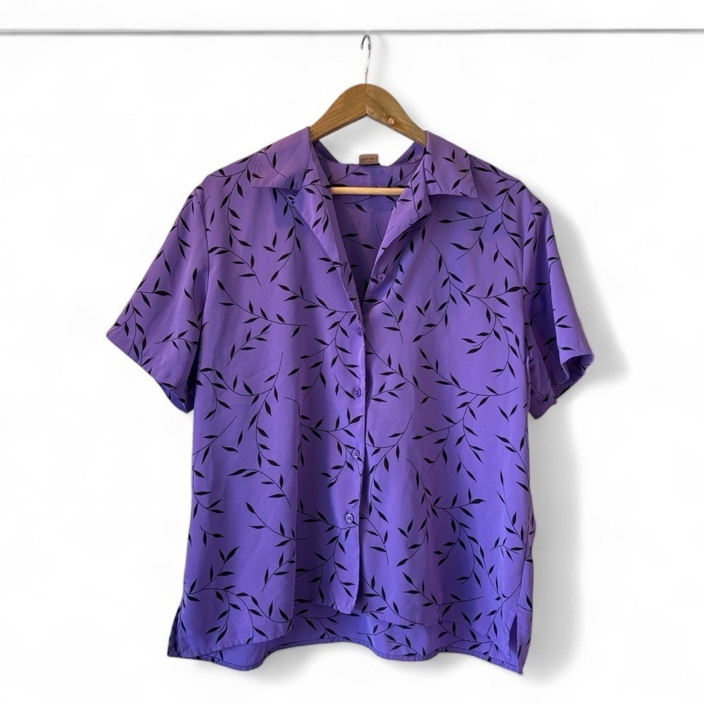 Notation Button-Up Top Leaf Print Short Sleeve Blouse Purple Size XL